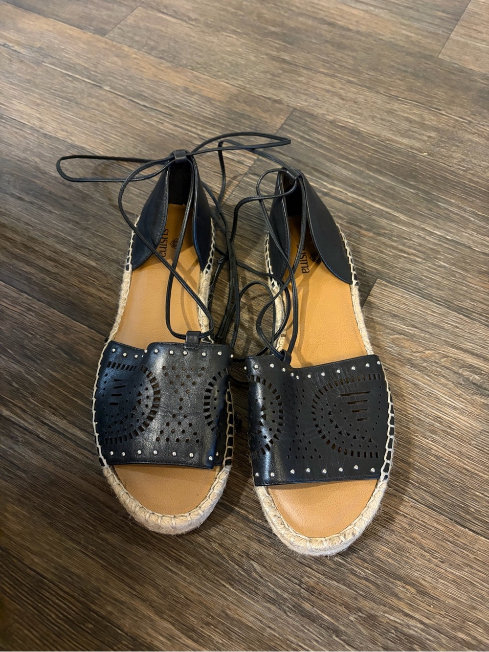SUSINA Women's Black Leather Lace Up Espadrille Flat Sandals Shoes Size 8.5M